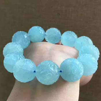 

19mm Genuine Natural Blue Aquamarine Bracelet Women Stretch Round Bead Craved Shape Crystal Bracelet Healing Stone AAAAAA