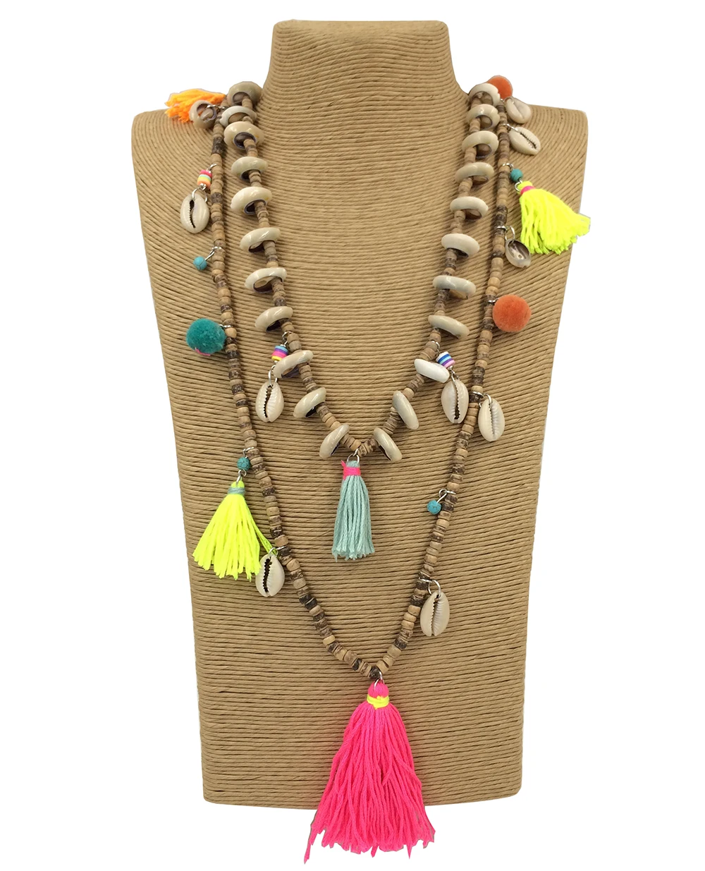 2017 New Bohemia Boho ball charm beaded Necklaces Pink tassel pendants layered long necklace Multi-Layer statement Necklaces