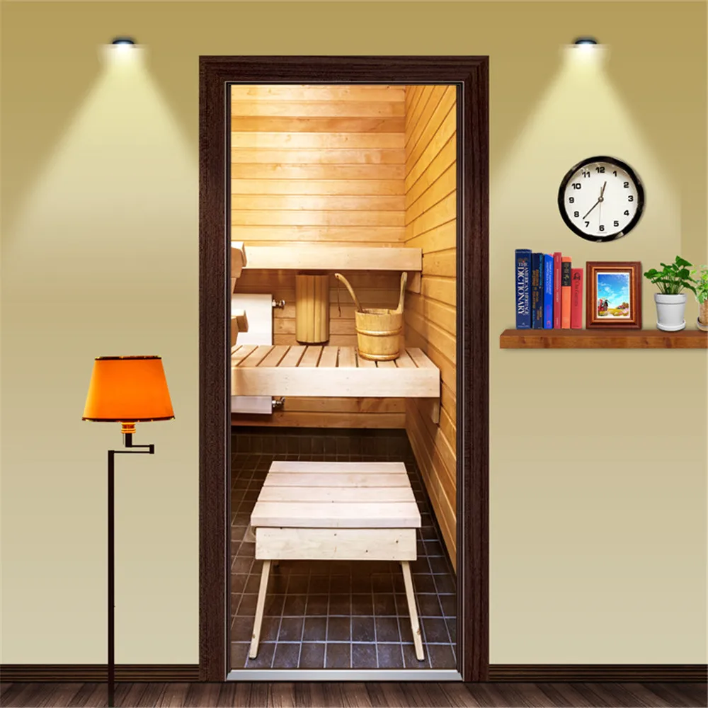 

Custom Size/77X200CM Sauna Room PVC Door Sticker Self-adhesive Waterproof Wallpaper Door Decoration Mural For Livingroom Bedroom