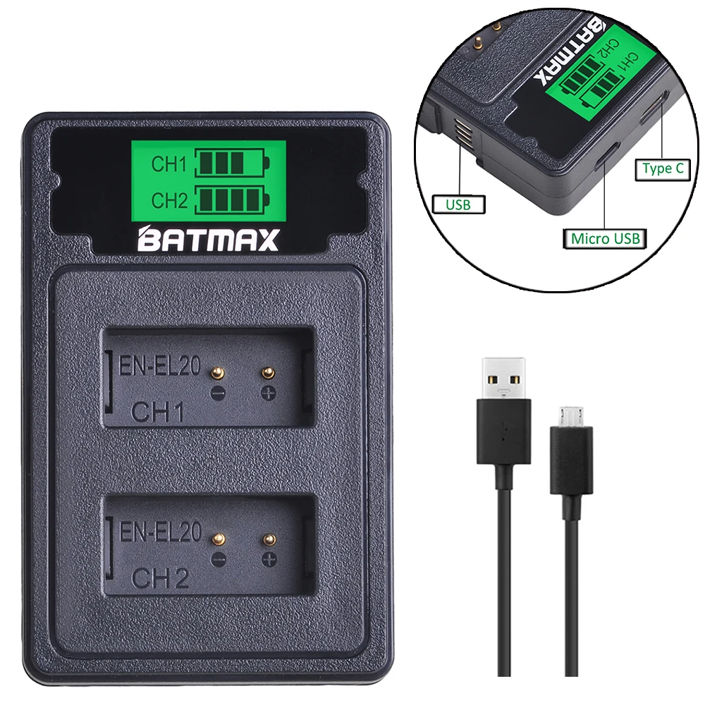 Bateria + Lcd Carregador tipo c Porta para Nikon El20a Duplo Usb Coolpix P1000 Nikon1 j1 j2 j3 Aw1 2 Pçs En-el20 en El20 - Image 6