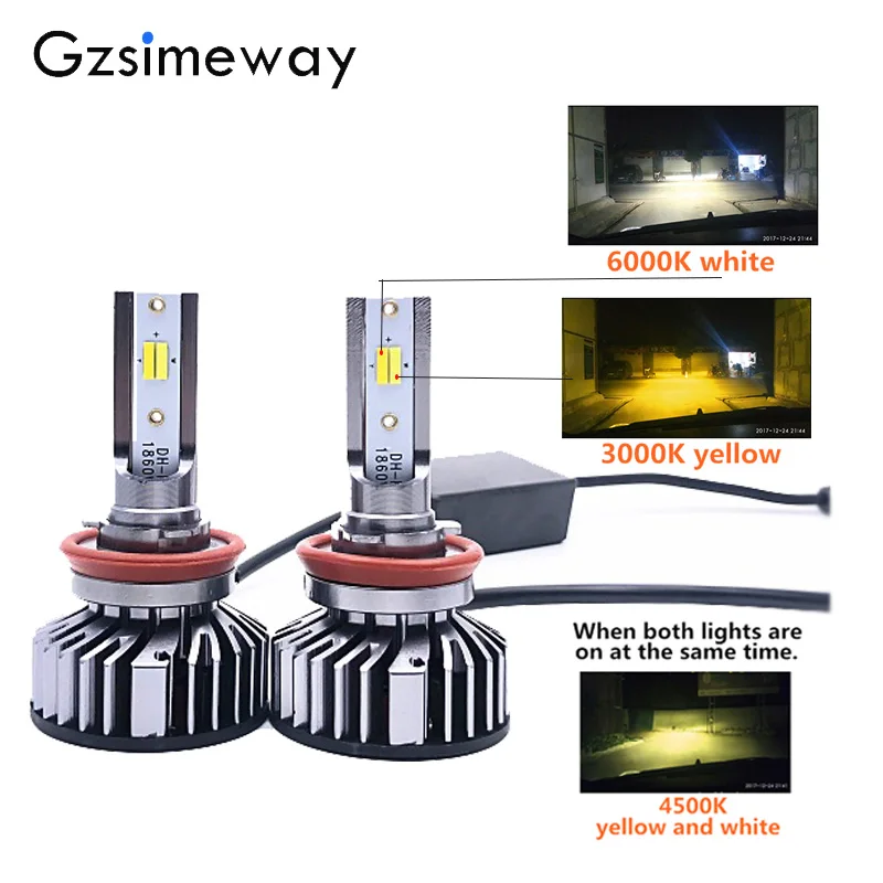 

2 pc car led H11 headlight tricolor H1 H7 H3 Hb3 9005 hb4 H27 H8 9004/7 12v 3000k 4300K 6000K 3 colors changing LED fog light