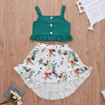 

Newborn Clothing Set Blue Spaghetti Strap Shirts Girls Sling Tube Tops Kids Floral Print Skirts Girls Clothes Set Children Suit