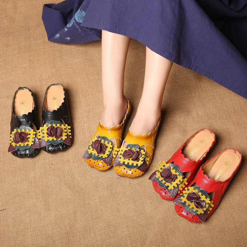 

Genuine Leather Sandals Hollow Flower Women's Soft Bottom Woman Slipper Coarse Non-slip