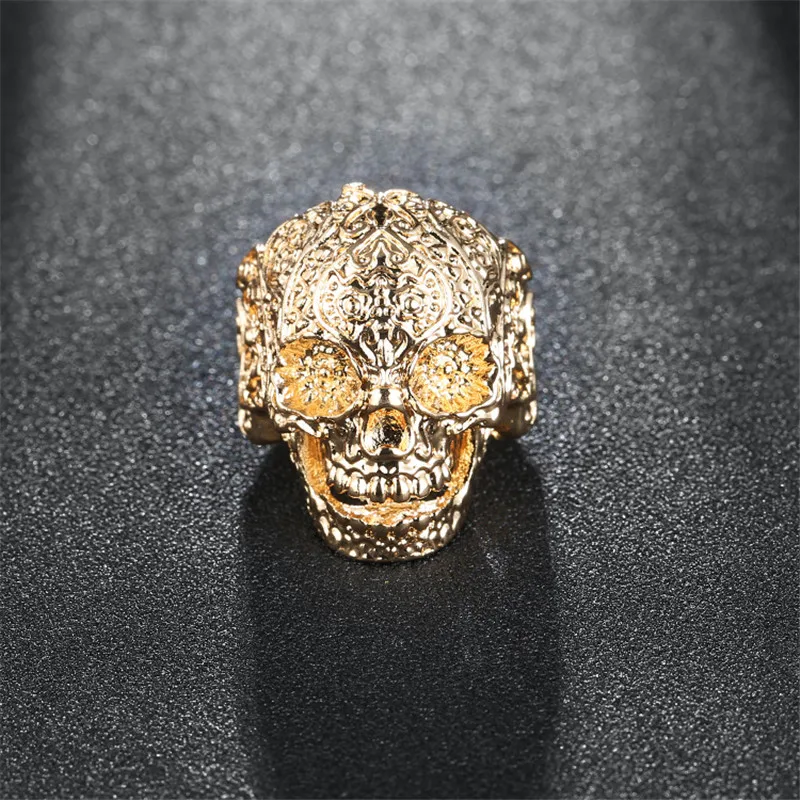 Винтажный череп для мужчин в стиле панк, цветок черепа, кольцо байкера, модный скелет, ювелирное изделие, черный/золотой цвет, байкерское кольцо, мужской череп, ювелирное изделие