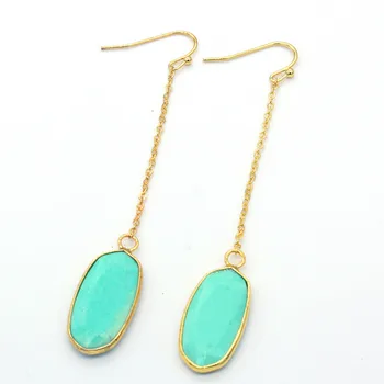 

FYJS Unique Light Yellow Gold Color Oval Shape Section Green Turquoises Stone Earrings with Long Chain Jewelry