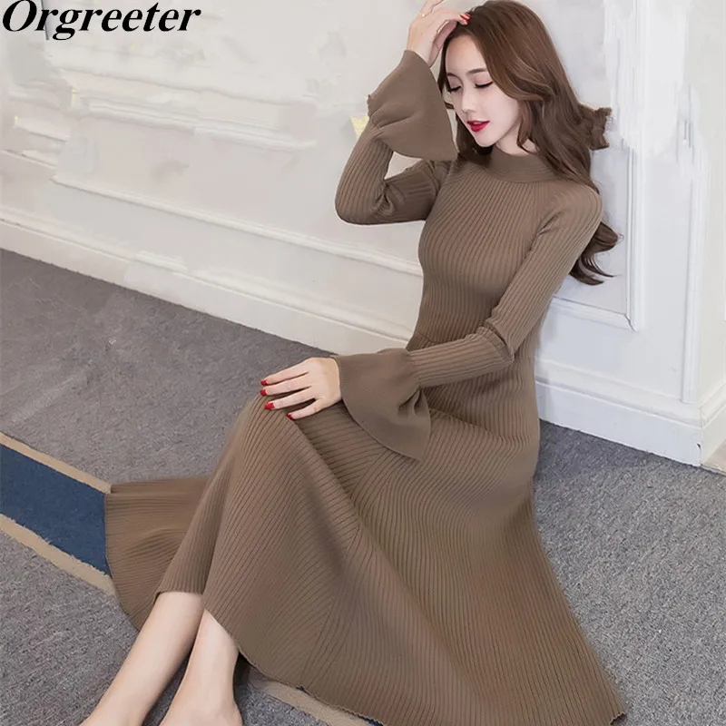 

Christmas Thicken Warm Knitting Dress Long Flare Sleeve Half Turtleneck Vertical stripes Solid Long Sweater Dress vestidos femme