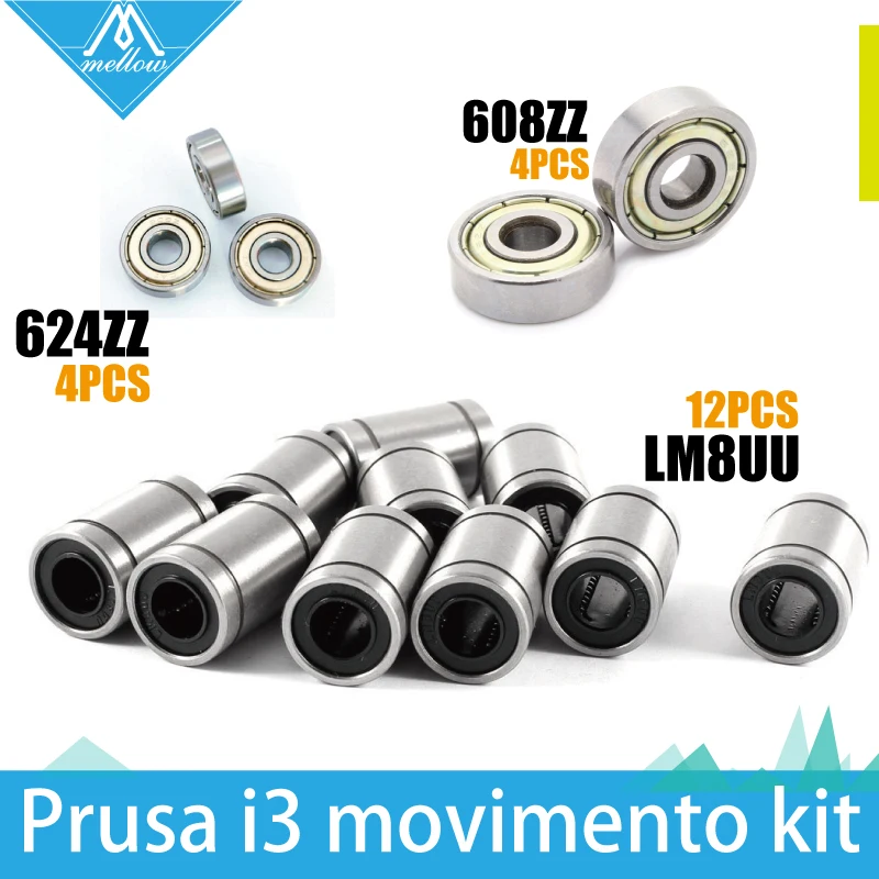 Free shipping! 12 x LM8UU & 4 x 608ZZ & 4x 624ZZ Bearing Kit Prusa i3 Rework RepRap 3D Printer