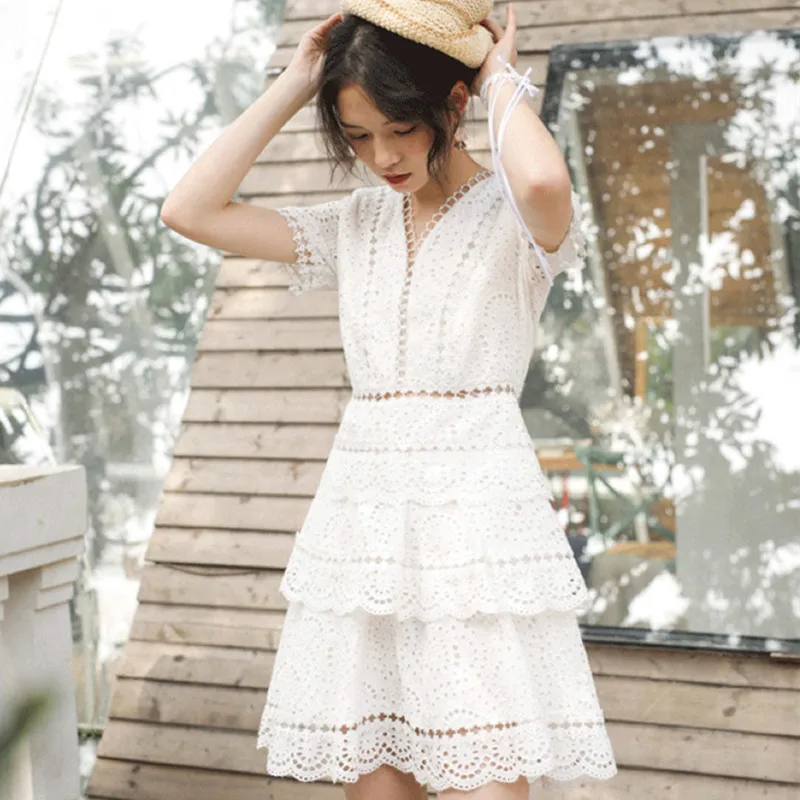 

2019 New Arrival Embroidery Hollow Out Short White Lace Dress Sexy V-neck Short Sleeve Layered ruffles A-line Cake Dress Women