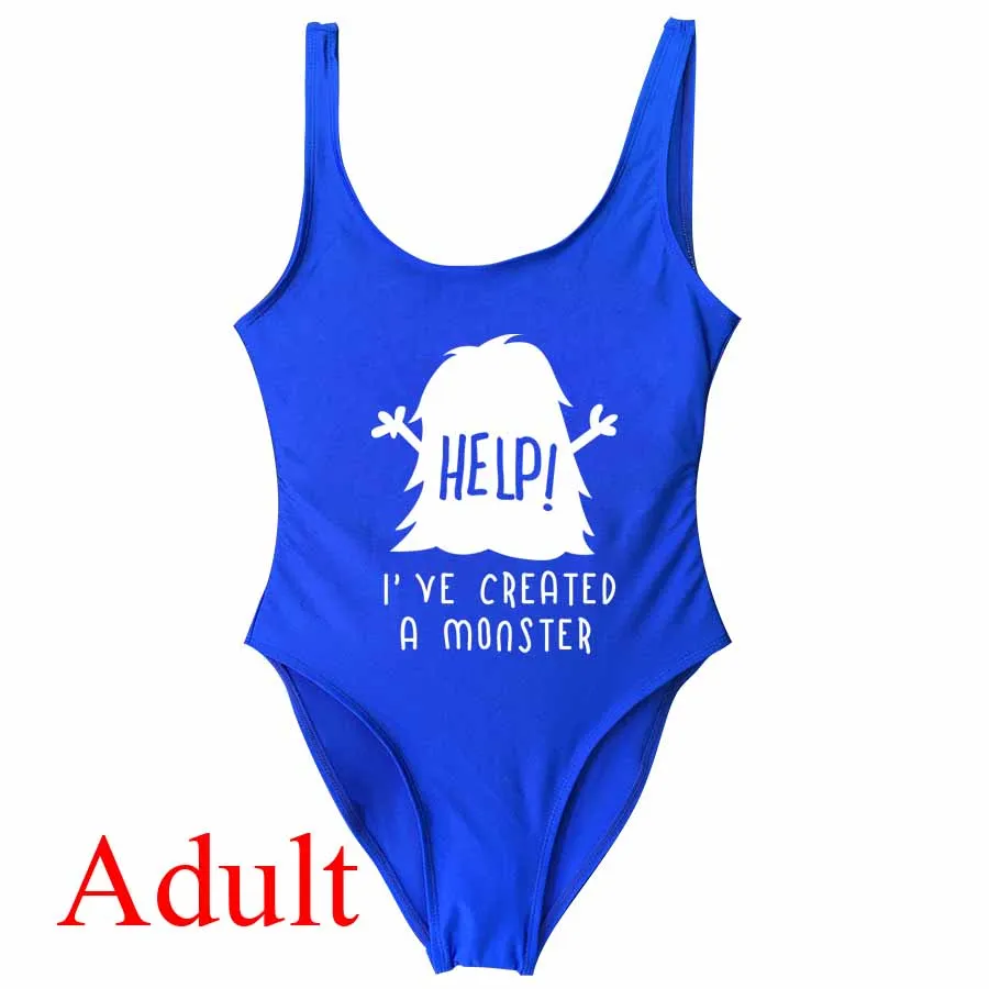 Купальники с надписями для мамы и дочки; Семейные комплекты; одинаковые комплекты для детей и родителей; Забавный купальник с надписью «Monster» «Help» - Цвет: Adult Blue