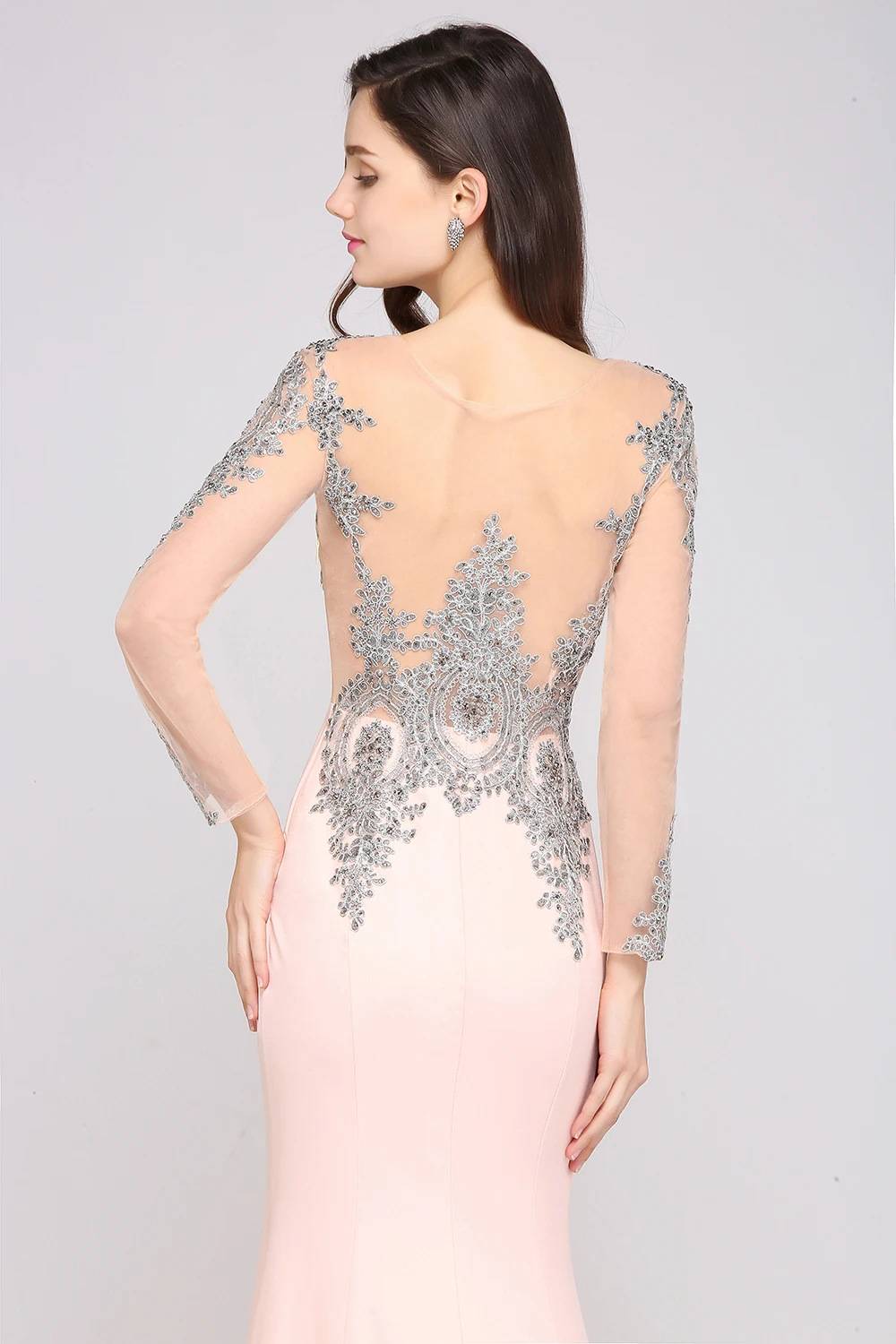 Vestido de Festa Sexy Sheer Back Sliver Beaded Lace Pink Mermaid Evening Dress Long Sleeve Evening Gown Robe de Soiree