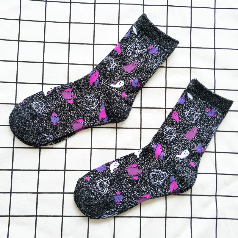 

New Fashion cartoon sock girl Spring Summer ghost Gold Silver Silk Color Pure Socks Women's Breathable Socks for 1 Pair