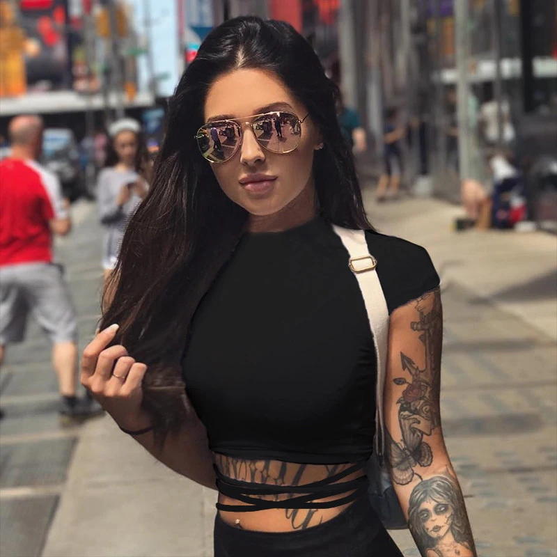 

Summer Women Short Top T-shirt Casual Short Sleeve Bandage Solid O-neck Summer Korean Sexy Slim Fitted Tops Women Clothes 2019