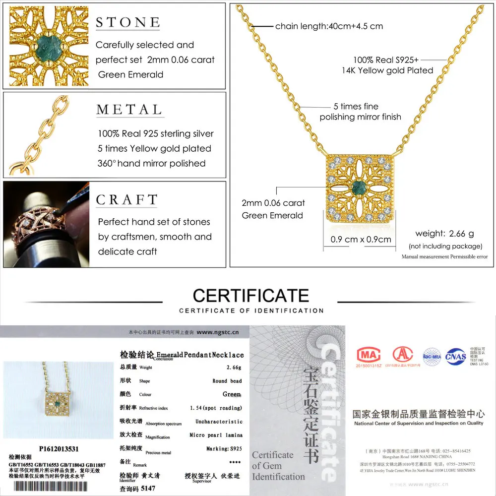 URING- 2mm 0.06ct 100% Natural Emerald 925 Sterling Silver Jewelry Chain Pendant Necklace S925 LMNI018 - Image 6