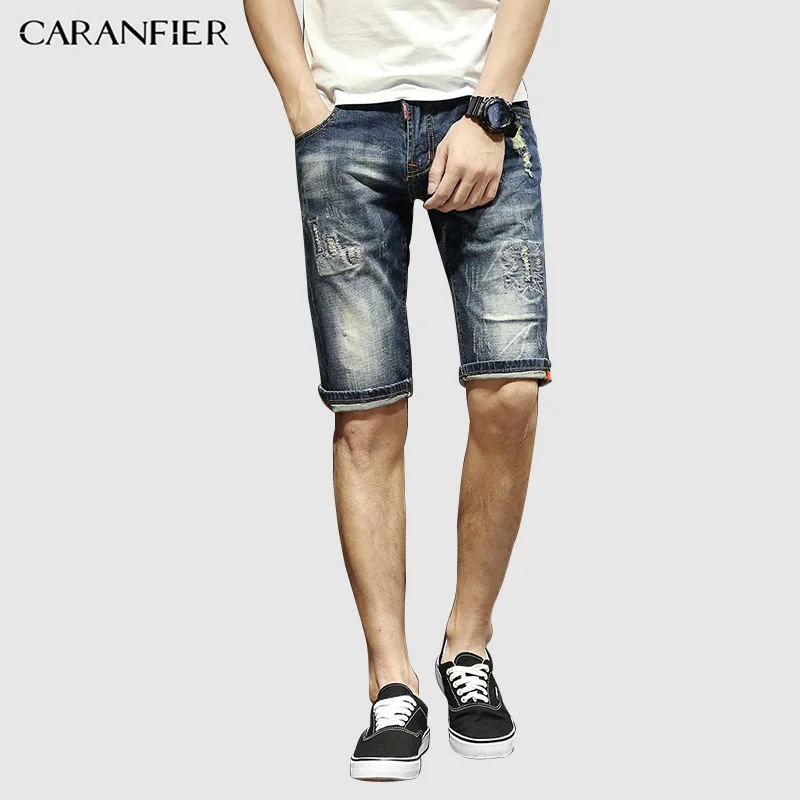 CARANFIER Мода летние джинсы, шорты человек Проблемные двигатель Man Мягкий хлопок джинсы до колена Длина Винтаж зауженные джинсы