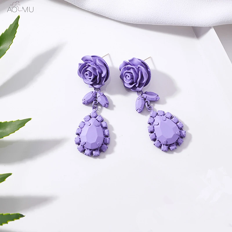 

AOMU 2018 New Korean Vintage Spray Paint Big Flower Water Drop Long Dangle Earrings For Women Fashion Colorful Jewelry Bijoux