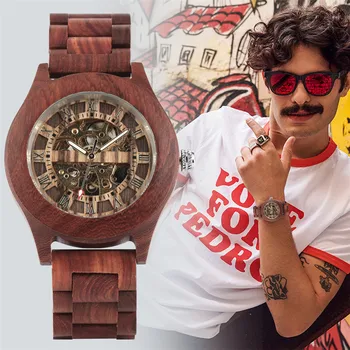 

Mens Watches Top Brand Luxury Red Wood Watch Automatic Mechanical Self Winding Wooden Watches Creative Unique Reloj Masculino