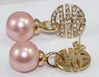 

wb003 RARE HUGE 12MM PINK ROUND SOUTH SEA SHELL PEAEL CRYSTAL 14K GP EARRINGS
