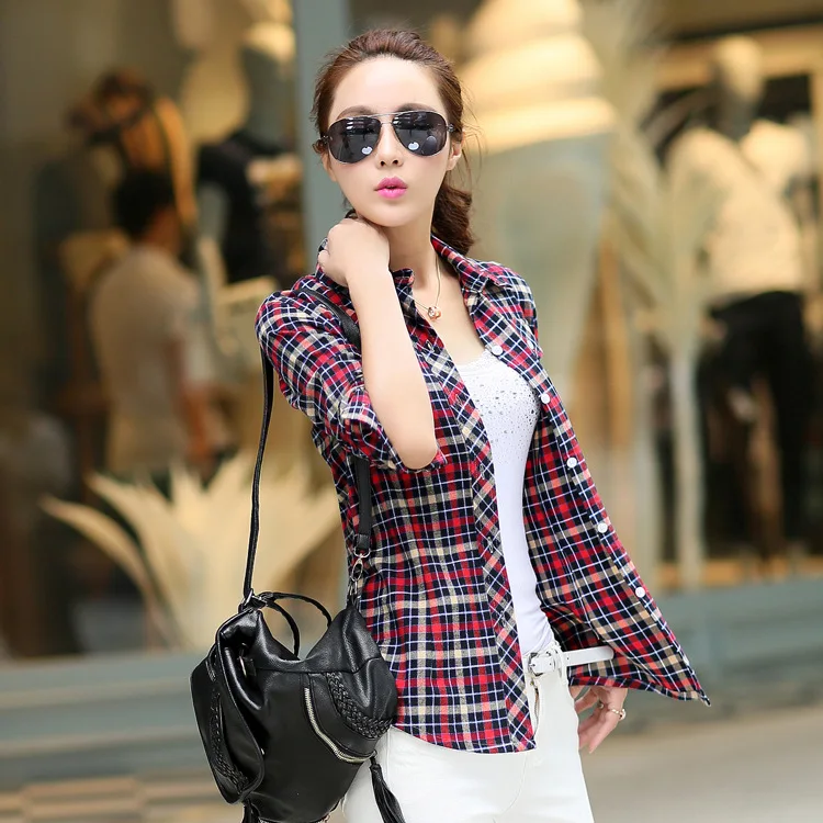 Women wear long sleeved Plaid Shirt 2014 Korean women's