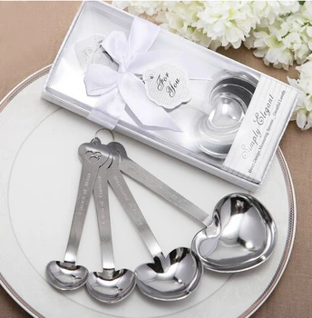 

Silver Heart Shaped Measuring Spoons In White Box Wedding Bridal Shower Party Gift Valentine's Day Favors Children Kids Present