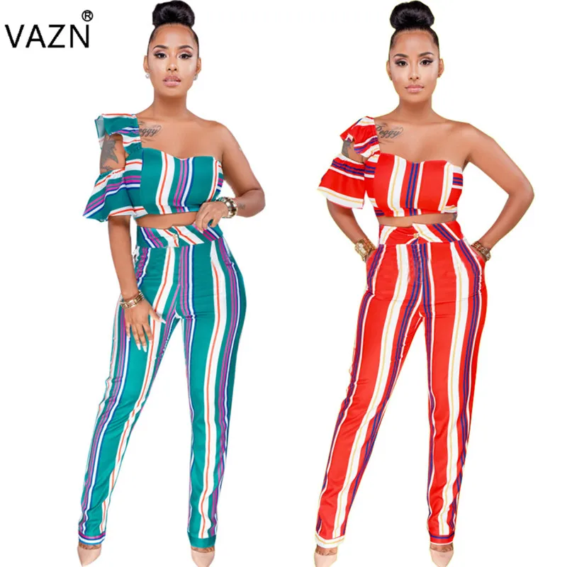 

VAZN 2018 hot summer 2-pieces striped jumpsuits women one shoulder short sleeve jumpsuits ladies sexy strapless jumpsuits MF135