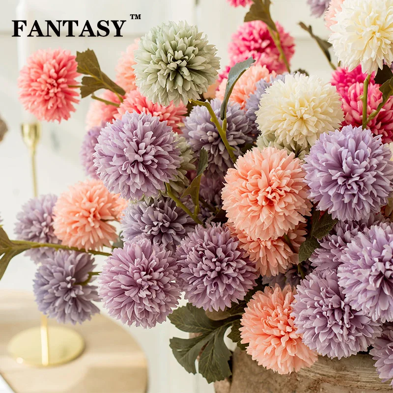 

Silk Fake Flower 52 cm Artificial Hydrangea Branches 3 Heads Ping Pong Bouquet High Quality Long Branch Pompom For Wedding Decor