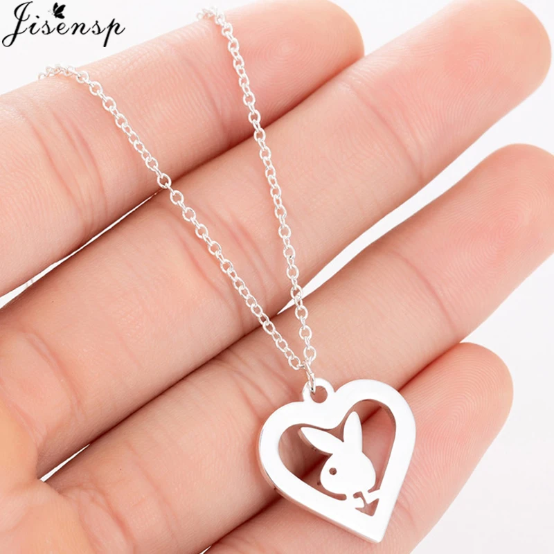 

Jisensp Stainless Steel Little Bunny Necklace Rabbit Heart Pendants Necklaces for Women Kids Fashion Custom Jewelry Necklace