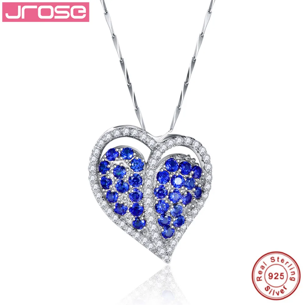 

Jrose Beautiful Trendy Blue Crystal Zircon Heart Pendant Necklace 925 Sterling Silver Jewelry for Women With Chain Party Gifts