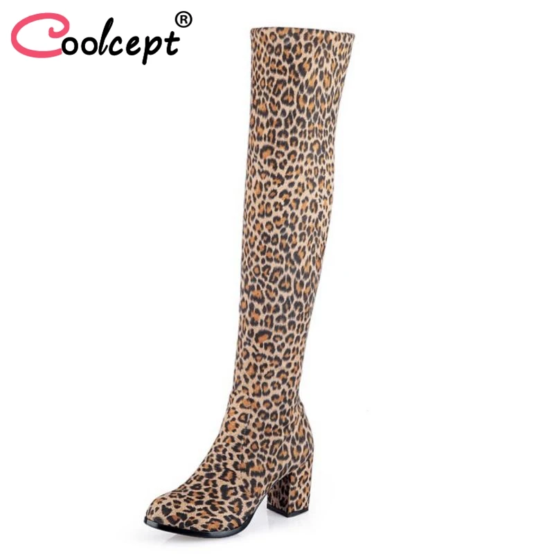 

Coolcept 4 Colors Size 31-43 Women High Heel Boots Winter Shoes Zipper Round Toe Leopard Sexy Over Knee Boots Winter Shoes Woman