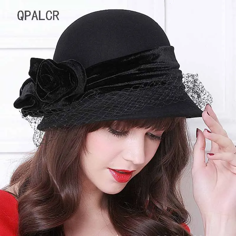 QPALCR Elegant Female Wool Felt Hats Charming Ladys Wool Fedora Hat ...