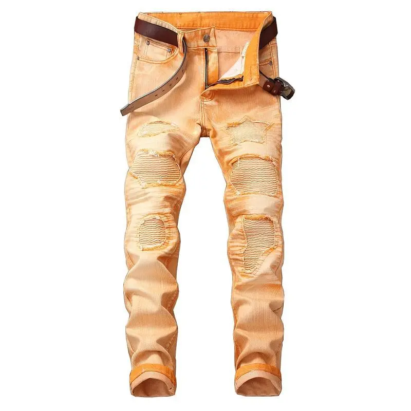 (No Belt) 2018 Spring Punk Style Men's Jeans Fashion Casual New Straight High Elasticity 28-42 Washed Ripped Hole Trousers