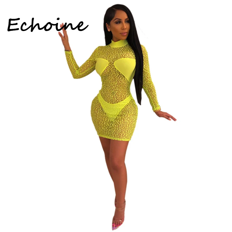 Echoine Плюс Размер S-XXL Leopard Sheer Mesh Set Bodycon Платье 2 шт. Набор Женская Вечеринка Nigth Лучший!