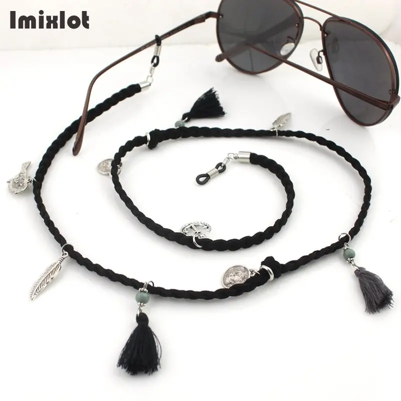 Feather Charm 70cm Tassel Sunglasses Lanyard Strap Necklace Braid Velvet Eyeglass Chain Cord Reading Glasses Eyewear Accessories