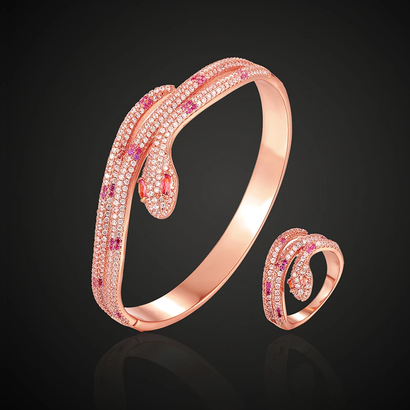 

Lanyika Jewelry Set Exquisit Thin Long Bending Snake Pink Stone Full Zircon Micro Paved Bangle with Ring for Party Trendy Gifts