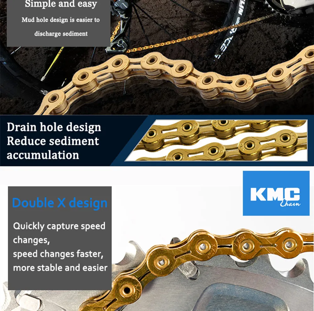 Цепь KMC X8 X9 X10 X10 EPT X9L X10L X11LBike 9S 10S 11S Gold для MTB/шоссейного велосипеда fo Shimano/SRAM 8 9 10 11 speed 116L/цепной велосипед