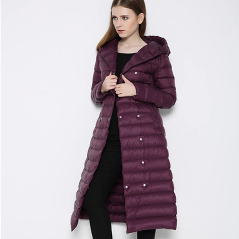 Tcyeek Брендовое Женское зимнее теплое пуховое пальто 90% Белые парки на утином пуху Большие размеры длинная куртка с капюшоном двубортные пальто HJ71 - Цвет: Purple