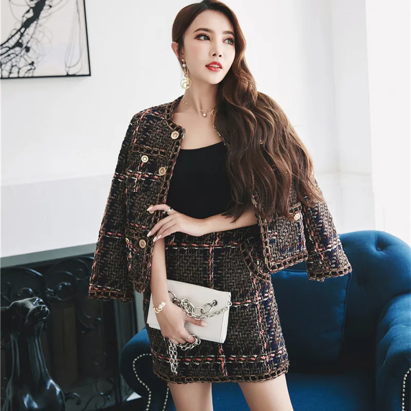 

Women Skirt Sets Europe Ladies Beading Woolen Tweed Jacket+ Short Skirt Suits lattice Two Piece Womens Clothing Sets Autumn