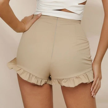 Spring female high waist ruffle shorts Summer khaki women's casual shorts ruffle trim self tie waist shorts