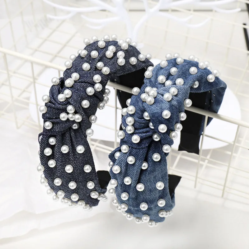 

Hair Accessories Cowboy Knot Hairband For Women Girls Handmade Simulation Pearls Headwear Bule Black Denim Headband