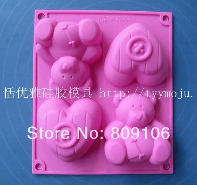 

4 hole Love heart bear silica gel cake mould pudding jelly baking tools oven
