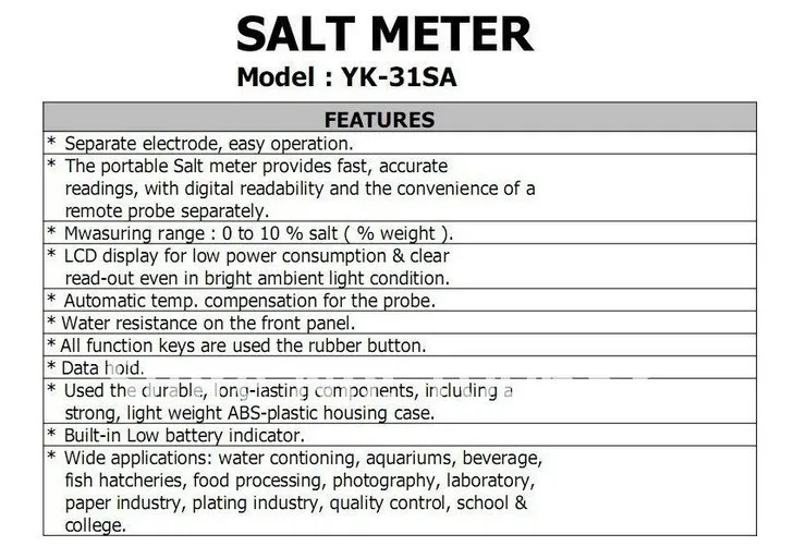 Портативный Измеритель соли, тестер YK-31SA, измеритель соли 0-10%, вес соли, Temp.-0-50C, измеритель солености с зондом