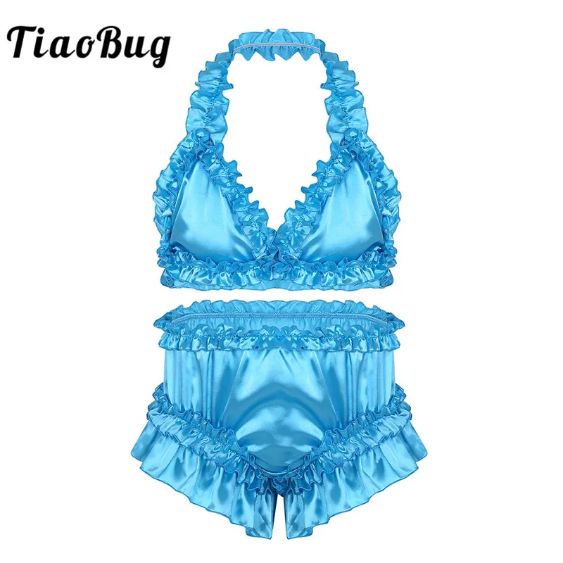 Tiaobug Men Crossdressing Sissy Lingerie Set Satin Frilly Ruffle Halter