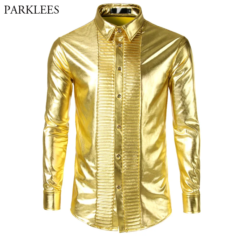

Men's Bling Shiny Gold Shirt 2018 Brand New Slim Fit Long Sleeve Dress Shirt Men Casual Button Down Nightclub Party Prom Shirts
