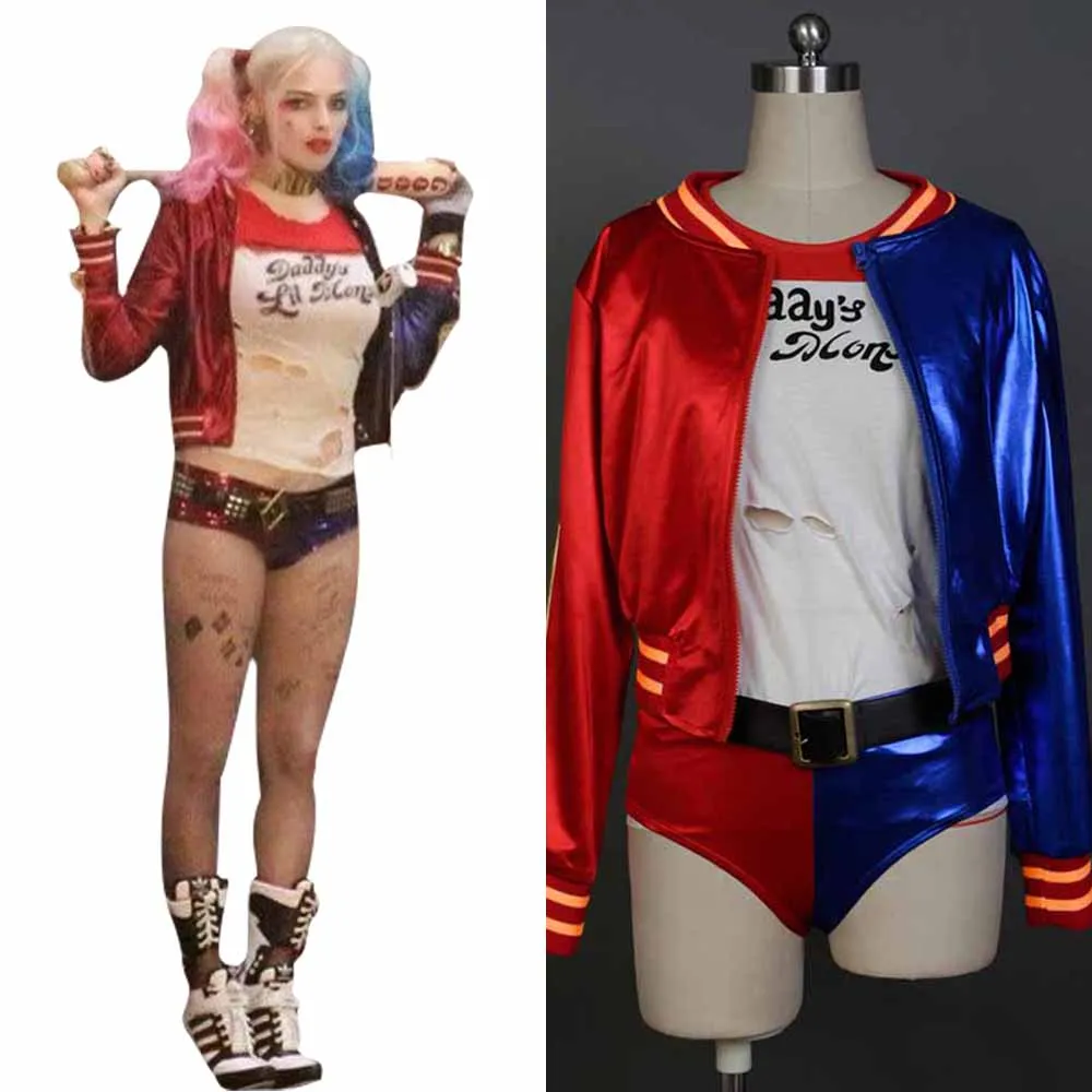 

Batman Joker Suicide Squad Harley Quinn Cosplay Costume T Shirt Jacket Shorts Belt Glove Full Set Halloween Cosplay Costumes