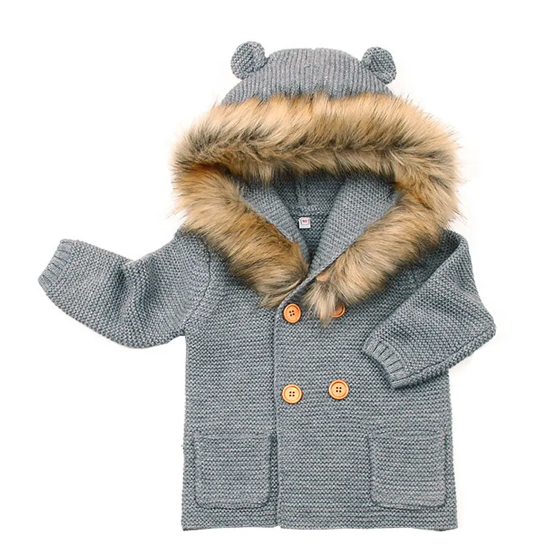 6 мес.-24 мес., детский зимний меховой съемный кардиган с капюшоном для девочек и мальчиков, двойное вязаное пальто Теплый Однотонный свитер с капюшоном для новорожденных DC339 - Цвет: Gray