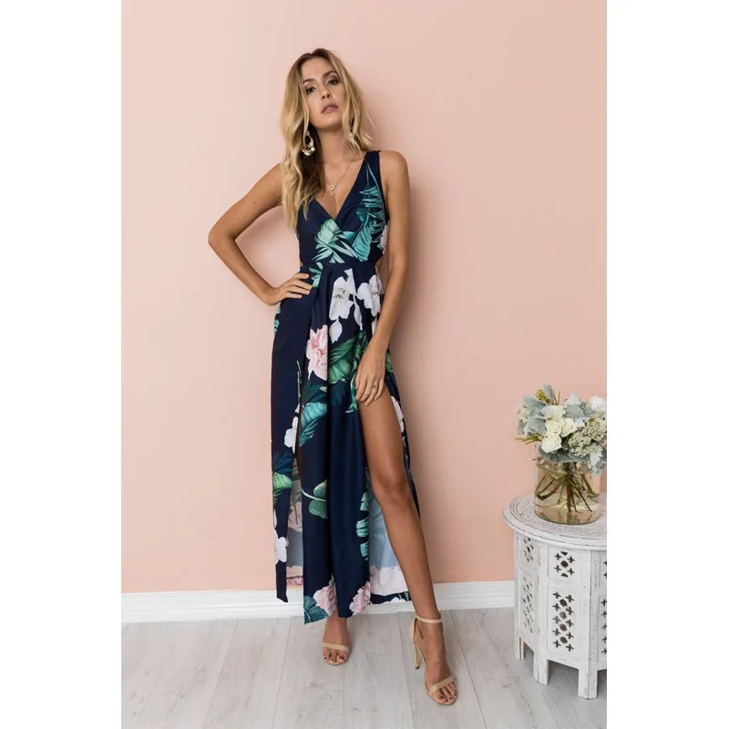 Sexy Deep V Neck Elegant Vintage Beach Jumpsuit Summer Backless Bow Wide Leg High Split Straight Casual Women Romper Jumpsuit - Цвет: 18633-Blue