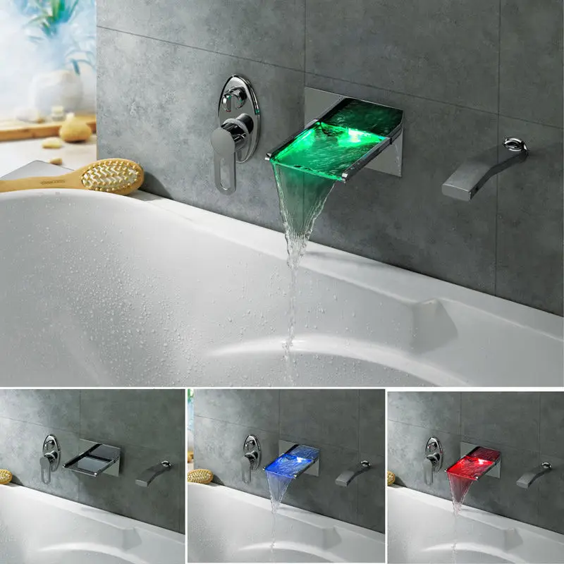 

Free shipping Bathroom Bathtub LED Waterfall Roman Tub Filler Faucet with Handshower Chrome