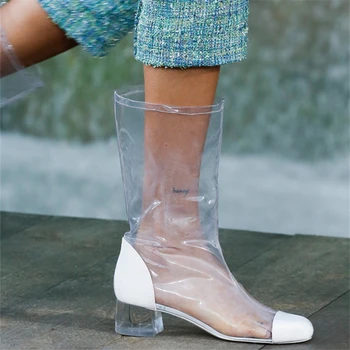 

New Street Fashion Clear PVC Square Heel Women Boots Knee-High Slip On Female Boot Sexy Runway T-stage Transparent Shoes Women