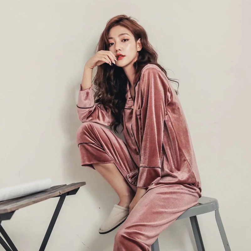 

Women Pajama Set pajamas Deep Gold Velvet Sexy Homewear High Quality 2018 Autumn Winter Warm Pijama Mujer Elegant Sleepwear Suit