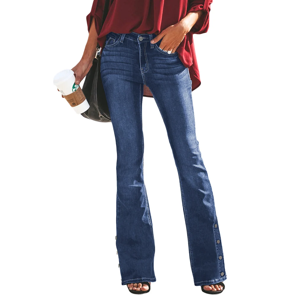 

2019 New Fashion Elastic Waist Flare Women's trousers Blue Black Washed Pants women's solid color High Waist Button Design Jeans