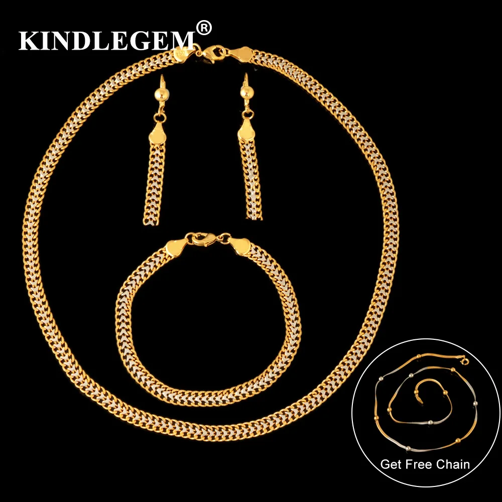 

Kindlegem Fashion Dubai Indian Jewelry Sets Women Luxury Bijoux Gold Silver Chain Necklace Earrings Bracelet Christmas Gift